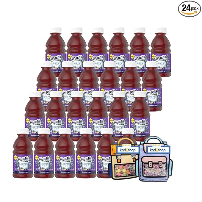Welch's Zero Sugar Concord Grape Juice Drink 10 fl oz Plastic Bottle 24 Pack + 2 Reusable Snack Bags by KOOL8SHOP Infinite Deals