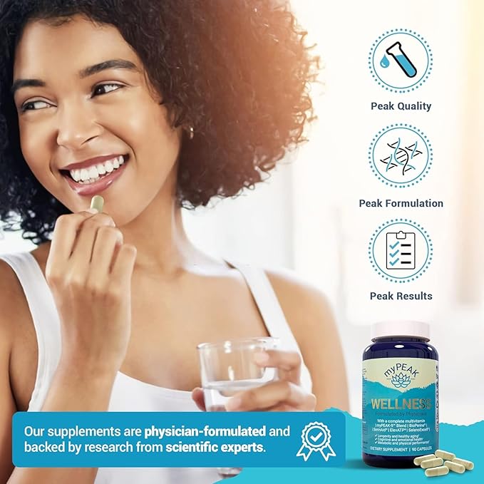 myPEAK Wellness Award-Winning Vegan Multivitamin with ElevATP Ancient Peat Extract Natural Astaxanthin Iron Resveratrol and Alpha GPC Immunity Booster All-in-One for Men and Women 90 Count