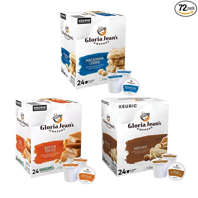Gloria Jean's K-Cups Coffee Pods Variety Pack - Macadamia Cookie Butter Toffee Hazelnut (72 Count 24 Ct Each Medium Roast Keurig Kosher)