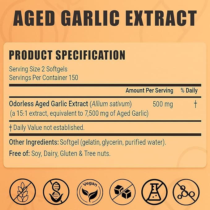 Elare Aged Garlic Extract 7500mg Organic Garlic Capsules Supplement for Supports Immune &amp Heart Health Odorless Non-GMO Gluten-Free Vegetarian 300 Softgels