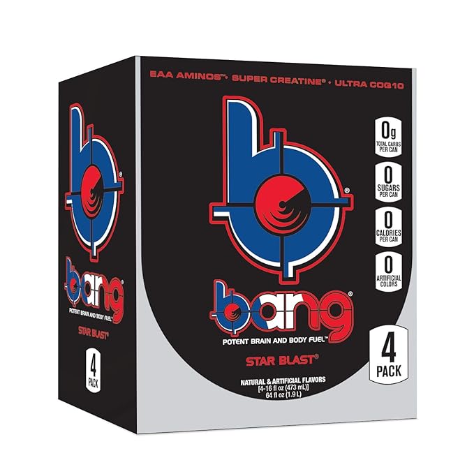 Bang Star Blast Energy Drink 0 Calories Sugar Free with Super Creatine 16oz 4 Count