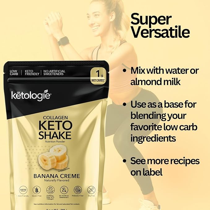 Keto Collagen Shake (Vanilla) - with Coconut Oil Prebiotics Grass Fed Hydrolyzed Collagen Peptides Type I &amp III Low Carb Gluten Free1.78lbs. (810g Banana Creme)