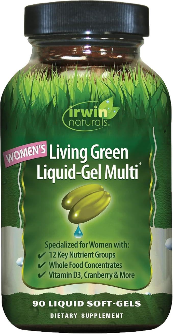 Irwin Naturals Women’s Living Green Liquid-Gel Multi - Whole Food Multivitamin for Women with 70 Nutrients Omega Oils &amp Greens Blend - Liquid Soft-Gels with BioPerine® for Absorption - 120 Count