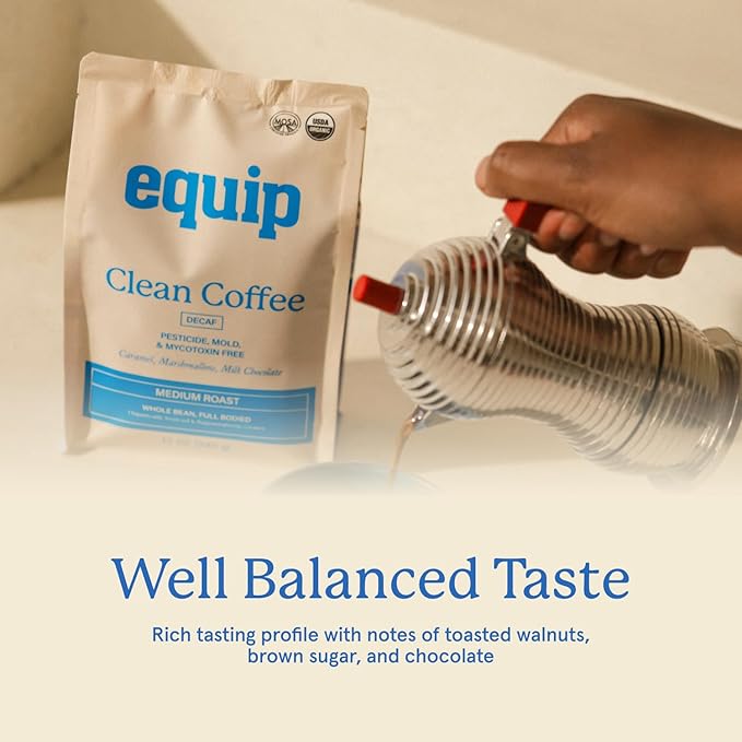 Equip Foods Decaf Clean Coffee | Gold Standard Certified Organic Fair Trade Regenerative | Medium Roast Whole Bean Honduras | Caramel+Marshmallow+Milk Chocolate