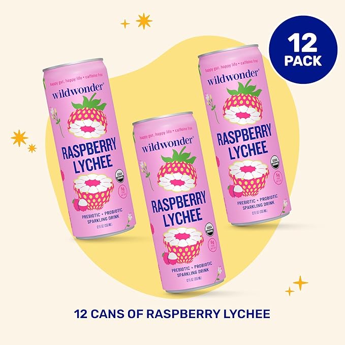 NEW! wildwonder Sparkling Probiotic Drink 12pk For Gut Health &amp Immune Support Raspberry Lychee 5g Prebiotic Fiber Live Probiotics Organic Vegan Low Sugar 12 Pack 12oz Can Seen on Shark