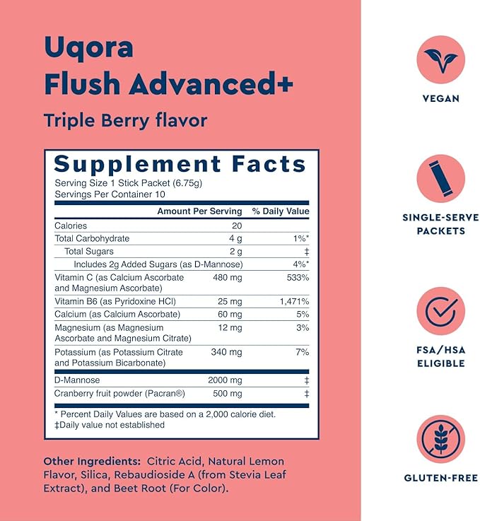 Uqora Flush Advanced+ - Helps Reduce Risk of Recurrent UTI** - with Cranberry D-Mannose Vitamin C Vitamin B6 &amp Potassium - Gluten-Free &amp Vegan - Triple Berry Flavor - 20 Packets (2 Pack)