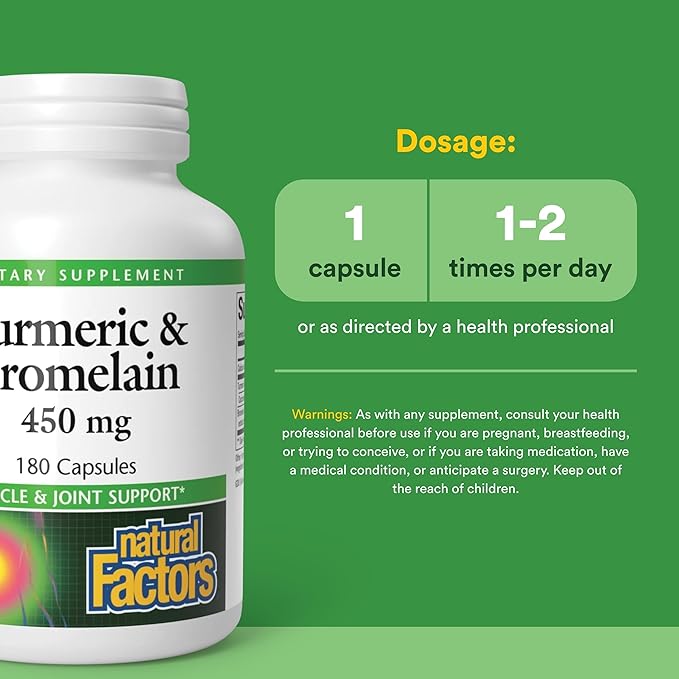 Natural Factors Turmeric &amp Bromelain 450 mg Muscle and Joint Support 180 Capsules