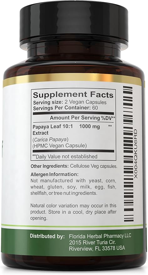 Florida Herbal Pharmacy Papaya Leaf Extract Capsules 10:1 (120 Capsules) 500 mg per Capsule 1000 mg Serving (Pack of 1)