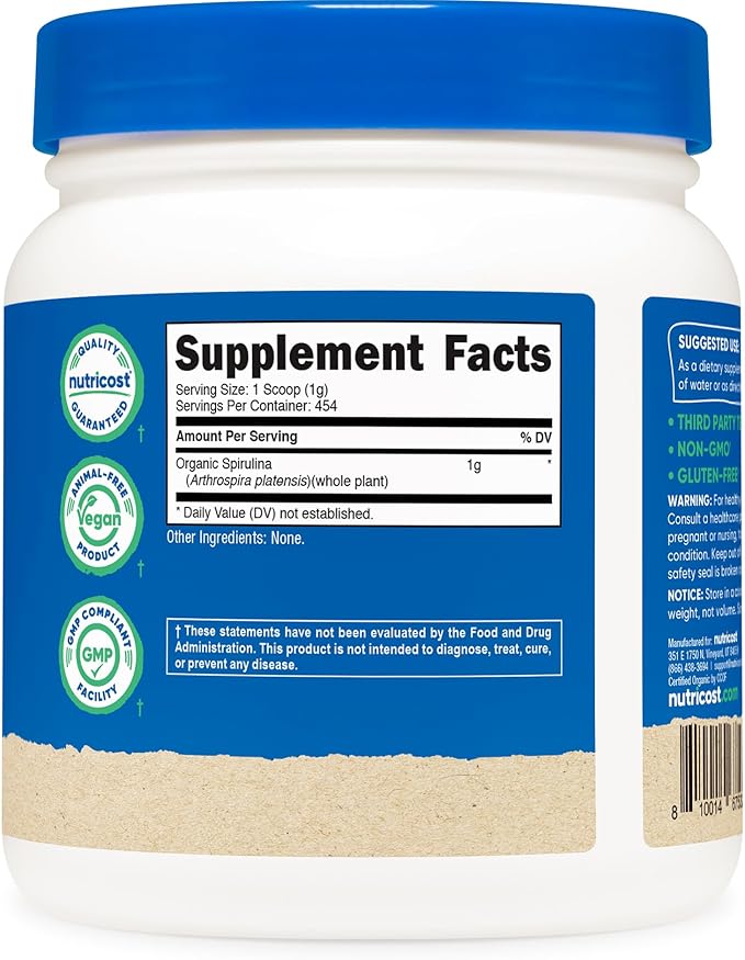 Nutricost Organic Spirulina Powder 454 Grams 1LB - Pure Certified Organic Spirulina