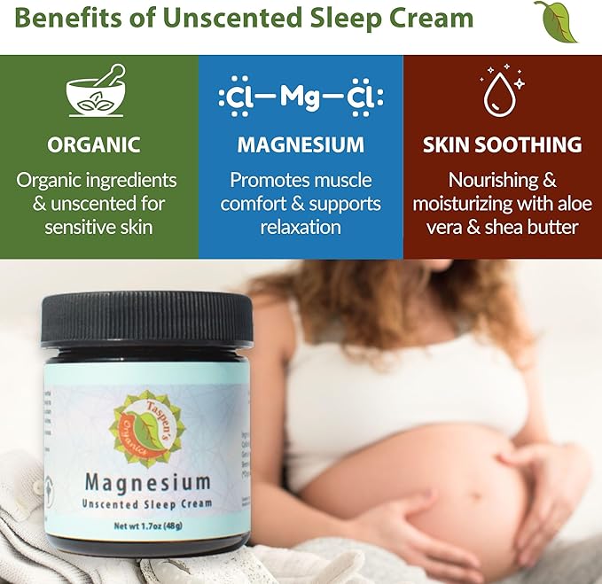 Taspen's Organics Magnesium Unscented Sleep Cream | Natural Nighttime Topical Magnesium for Babies Toddlers Kids &amp Pregnancy | Promotes Relaxation Deep Sleep &amp Soothes Muscles (4 oz)