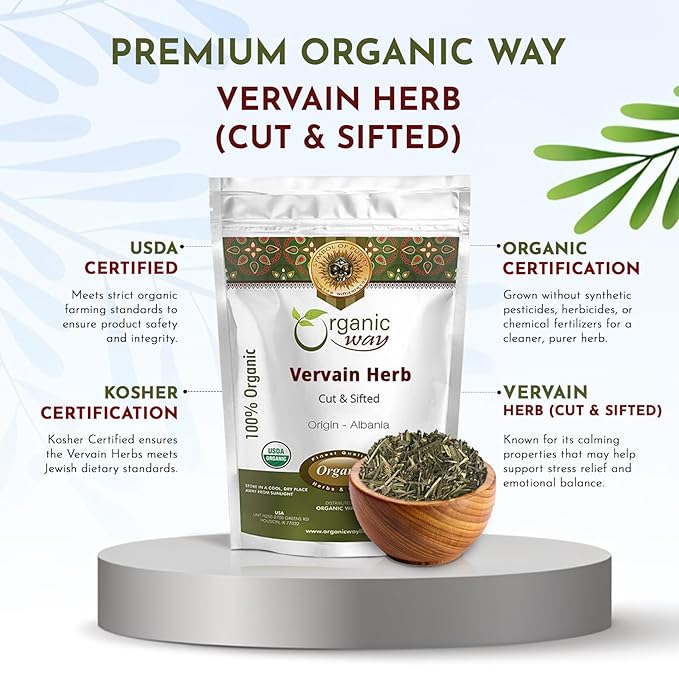Organic Way Vervain Herb (Verbena officinalis) Cut and Sifted | Herbal Tea | Wild-Crafted | Non-GMO &amp Gluten Free | Resealable Bag | Raw from Albania (1 lb 16 Oz)