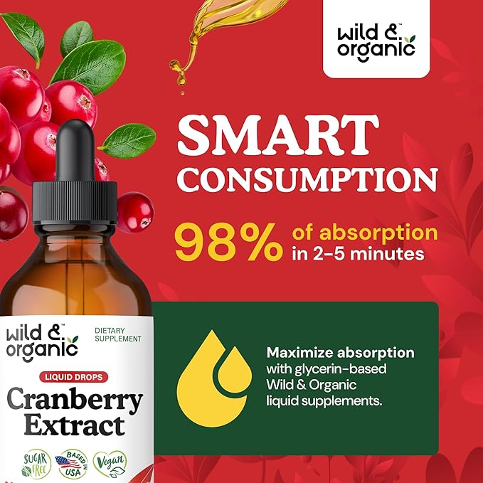 Wild &amp Organic Cranberry Concentrate Liquid Drops 12500 mg - Urinary Tract Support with Cranberry Supplement for Women &amp Men - 500 mg Extract per Serving - Vegan Sugar &amp Alcohol-Free - 4