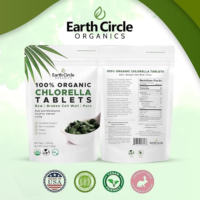 Organic Chlorella Tablets 400 Count | High Potency Superfood | Chlorophyll Pills from 100% Pure Green Algae | Broken Cell Wall for Maximum Absorption | Vegan Kosher Non-GMO | 4 Tabs per Day (1-Pack)