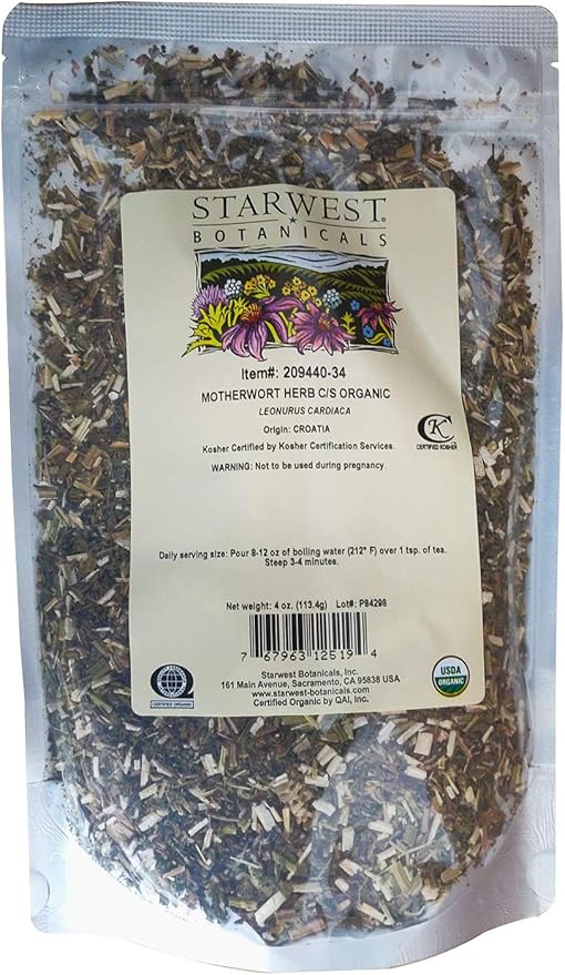 Starwest Botanicals Organic Dried Motherwort Herb - Motherwort for Herbal Teas Seasoning Blends Broths &amp More Leonurus Cardiaca Cut &amp Sifted Non GMO - 4 oz Bag