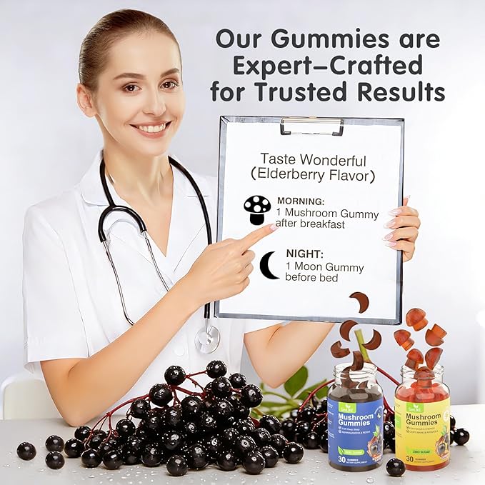 Mushroom Gummies Supplement for Sleep and Energy with Ashwagandha &amp Lion's Mane Day &amp Night RoutineElderberry Flavor No Sugar (30-Day Supply)