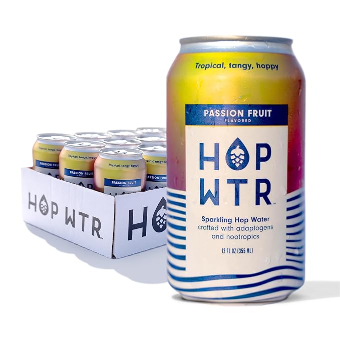 HOP WTR - Sparkling Hop Water - Passion Fruit (12 Pack) - NA Beer No Calories or Sugar Low Carb With Adaptogens and Nootropics for Added Benefits (12 oz Cans)
