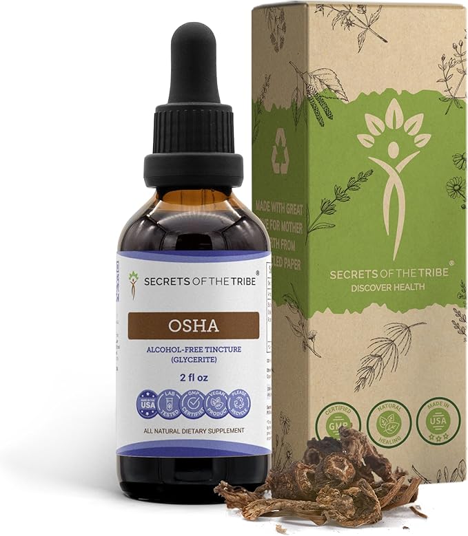 Secrets of the Tribe OSHA Tincture Alcohol-Free Extract High-Potency Herbal Drops Tincture Made from Responsibly farmed OSHA Ligusticum porteri Respiratory System Health 2 oz