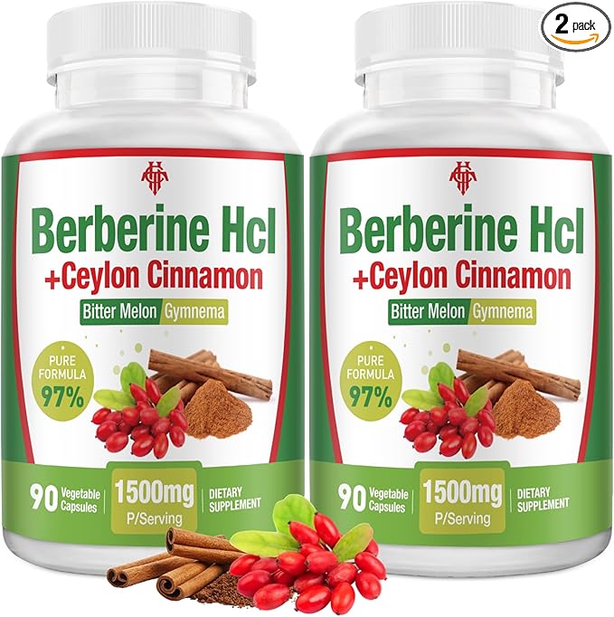 Berberine Supplement 1500mg - Premium Berberine HCl 97% Purity Berberine Plus Pure Ceylon Cinnamon High Potency Berberine for Men Women Non-GMO Vegan 2Pack