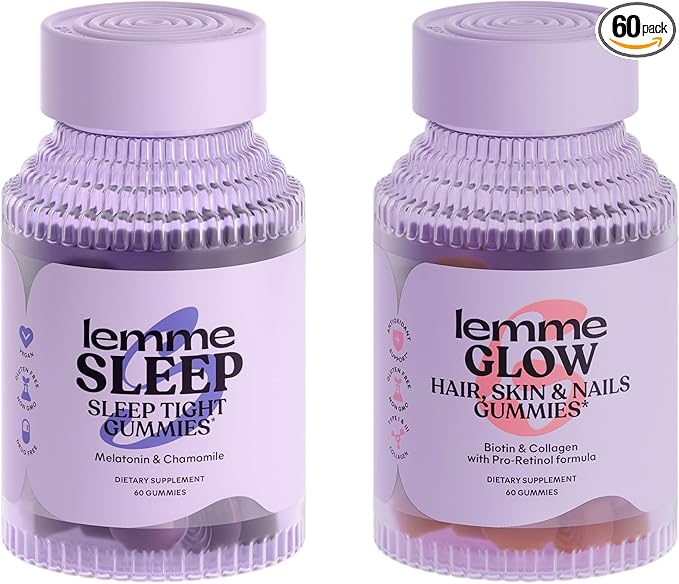 Lemme Sleep &amp Glow Bundle - Sleep Gummies a Drug-Free Nighttime Aid &amp Glow Biotin &amp Collagen Hair Gummies for Strong Thick Hair &amp Reduced Shedding - Gluten/Gelatin Free Non-GMO - 60