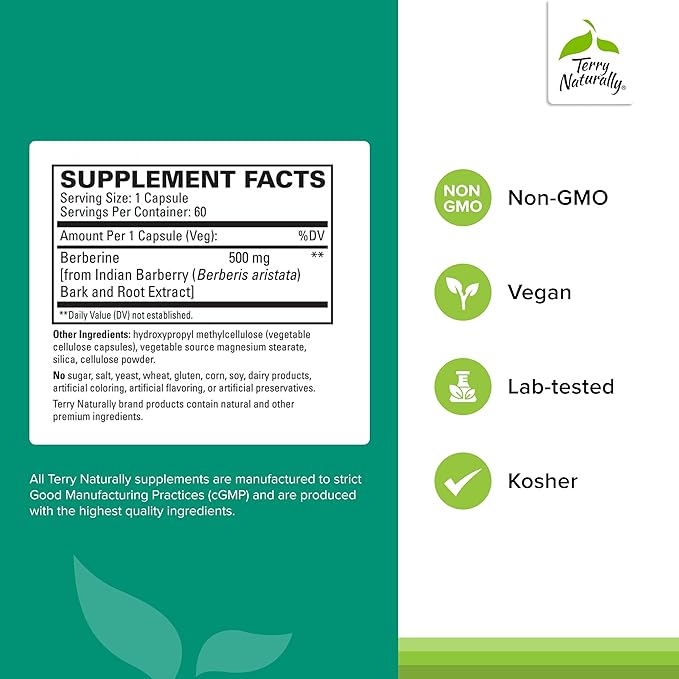 Terry Naturally Berberine - Dietary Supplement with Berberine - Liver Health Supplement for Metabolism Support - Joint Health Support for Men &amp Women - 60 Capsules