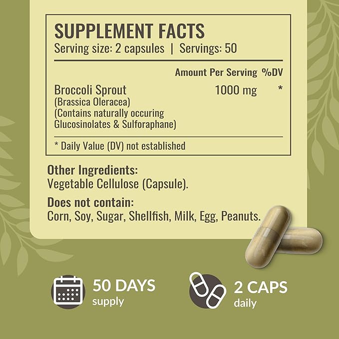 HERBAMAMA Broccoli Sprouts Capsules - 1000mg Broccoli Sprout Extract for Antioxidant &amp Immune Support - Vegan Non-GMO Sulforaphane Supplements 100 Caps