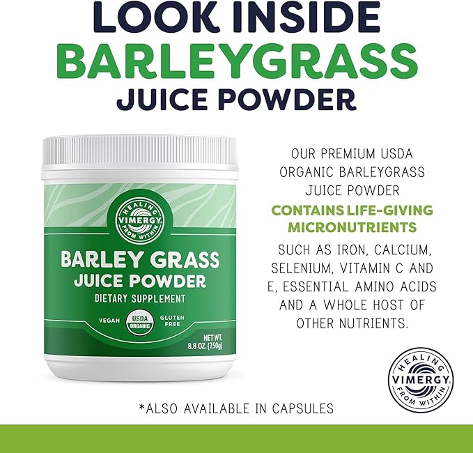 Vimergy Barley Grass Juice Powder Dietary Supplement - 0.8g per Serving (312 Servings) – Clean Superfood Formula – Promotes Cardiovascular Health* – Organic Vegan &amp Gluten-Free – Regular Size 250