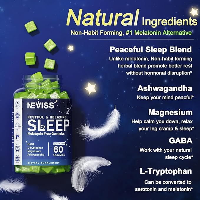 NEVISS Melatonin Free Sleep Aid Gummies for Adults - Magnesium Glycinate Gummies | GABA L-Tryptophan Magnesium Ashwagandha - Non-Habit Forming Help for Deep Relaxation - Vegan Lemon Flavor 1Pack