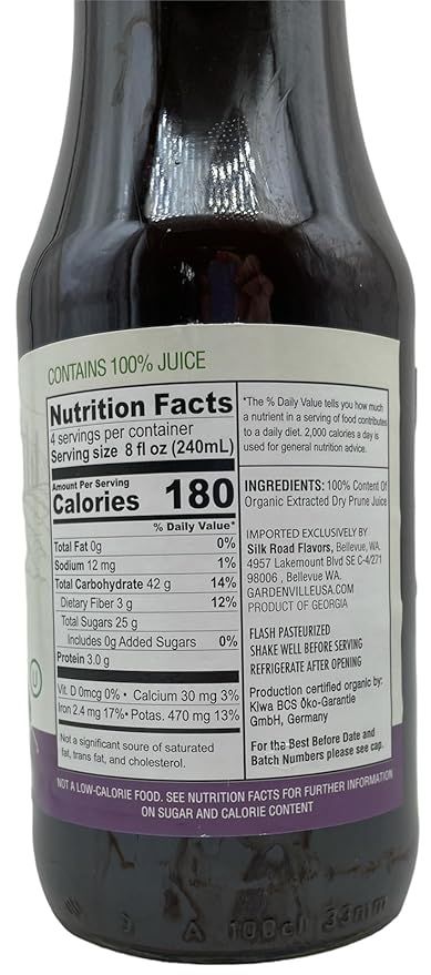 Gardenville Organic Prune Juice (Pack of 12) USDA Organic No Added Sugar U Kosher Certified Pasteurized 8.4 oz Glass Bottles (Prune)