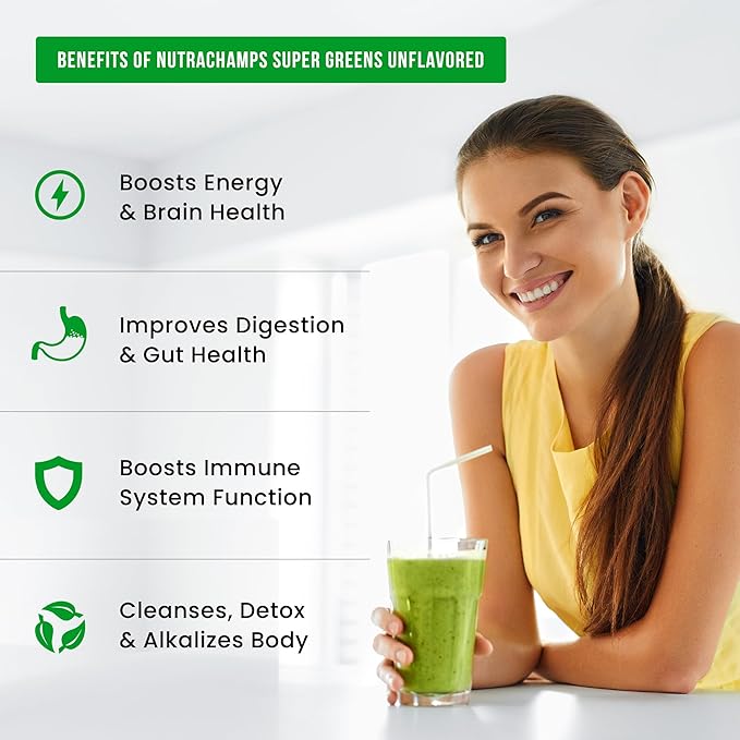 NutraChamps Super Greens Powder Premium Superfood | 20+ Organic Green Veggie Whole Foods | Alfalfa Spirulina Chlorella &amp More | Antioxidant Digestive Enzyme &amp Probiotic Blends | Unflavored