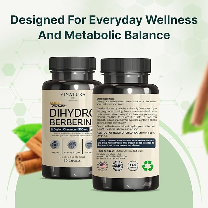 VINATURA Dihydroberberine Supplement with Ceylon Cinnamon 500mg - (Patented GlucoVantage Super Berberine) Maybe Berberine 5X More absorbable - 30 Capsules