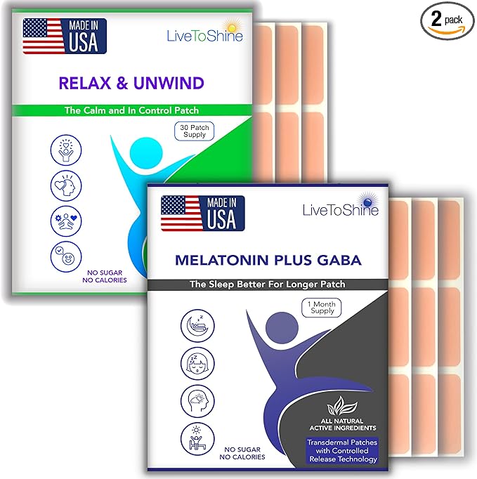 Live To Shine Sleep Patch &amp Stress Relief Patch Bundle – Melatonin GABA + Relax &amp Unwind Patches – Premium USA-Made Natural Calming Day and Night from