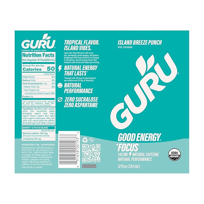GURU Island Breeze Punch Organic Energy Drinks Clean Energy Drink with Plant Based Natural Caffeine from Green Tea + Focus with L Theanine Gluten Free and Vegan 140MG Caffeine 12oz (Pack of 24)