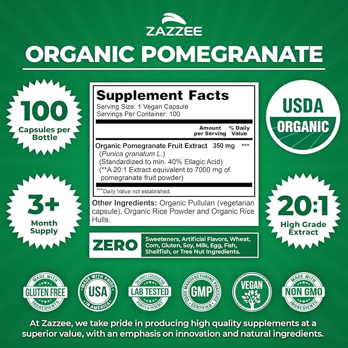 Zazzee USDA Organic Pomegranate 20:1 Extract 40% Ellagic Acid 100 Vegan Capsules 3+ Month Supply Punica Granatum Antioxidant Immune &amp Polyphenol Support All-Natural Non-GMO Made in the US