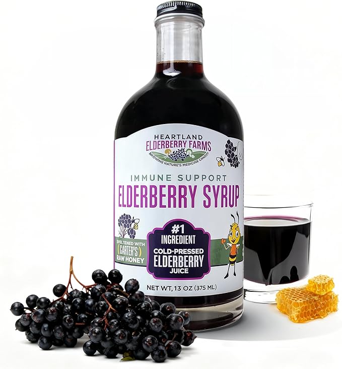 Heartland Organic Elderberry Syrup - Cold Pressed Elderberry Juice Zero Water Added - Immune Support for Kids &amp Adults - Made with Raw Honey Ginger Cinnamon &amp Star Anise - 13 fl oz (375 ml)
