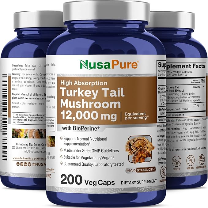 NusaPure Turkey Tail Mushroom Capsules 10:1 Extract 1200 mg Equivalent to 12000mg 200 Vcaps Non-GMO Gluten Free Bioperine