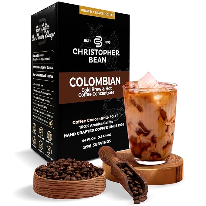 Christopher Bean Coffee - 396 servings 30 to 1 Blend Bag in Box Liquid Instant Coffee or Cold Brew Coffee Concentrate - Hot or Iced Coffee - Colombian