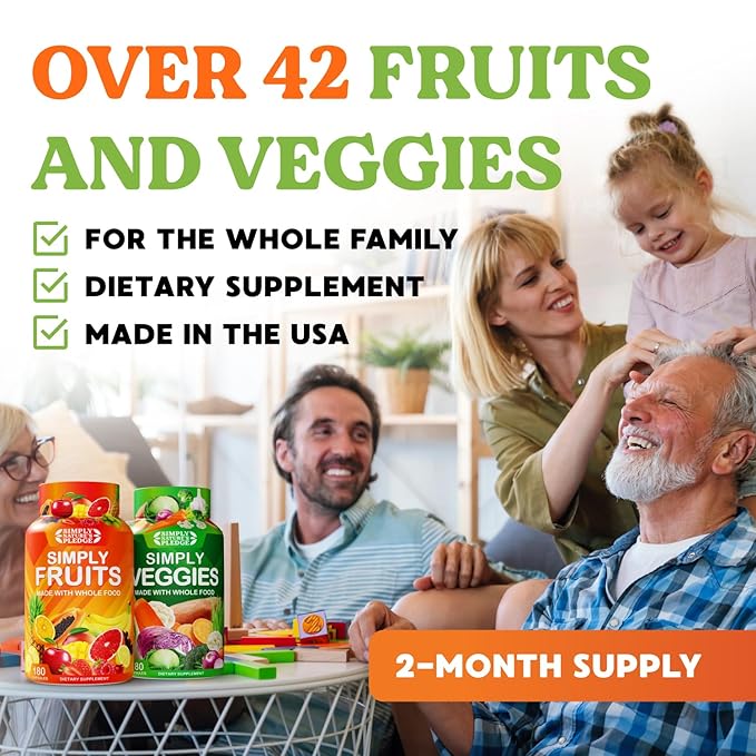 Simply Nature's Pledge -Packed with 42 Different Fruits &amp Vegetables - Made with Whole Food Superfoods - with Aloe Vera – 100% Soy Free -6 Month Supply- 180 Count (Pack of 6)