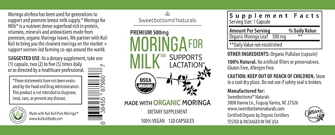 Lactation Supplement - Organic Moringa Capsules for Breastfeeding Support to Increase Breastmilk Supply (120 ct) Pure Malunggay Leaf Powder for Milk Production Booster &amp Postnatal Vitamins A E K 5