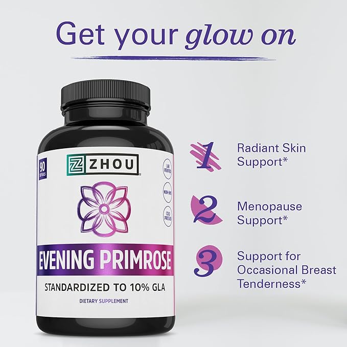 Zhou Nutrition Evening Primrose Oil Capsules- Supports Hormone Balance for Women PMS &amp Menopause Support Cold Pressed &amp Hexane Free - 1400mg 10% Gla