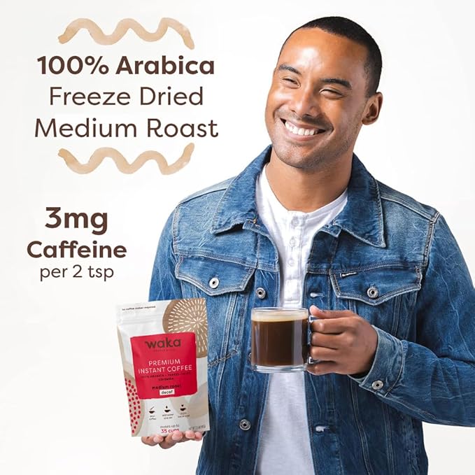 Waka Decaf Premium Instant Coffee — 100% Colombian Arabica Freeze Dried Beans — For Hot or Iced Coffee (Single-Serve 50 ct)