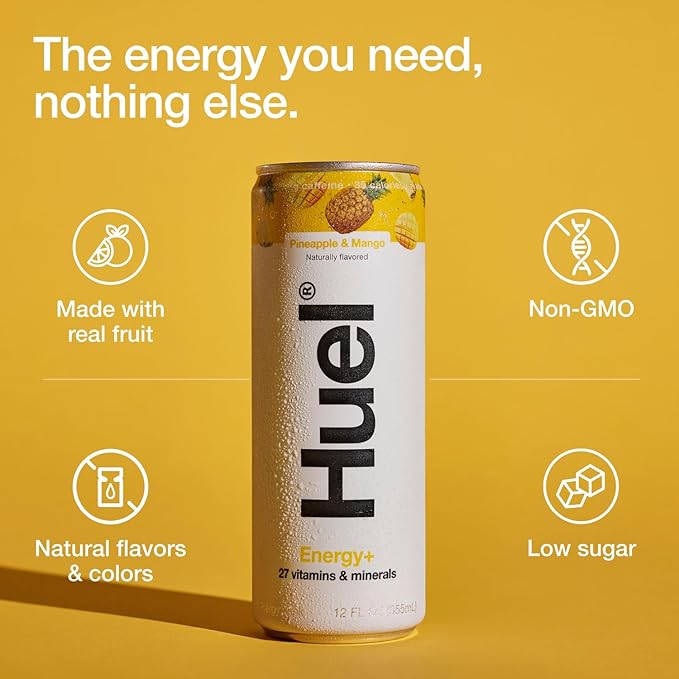 Huel Energy+ | Pineapple &amp Mango Energy Drink | Refreshing Plant-Based Drink with Real Fruit | 200mg of Caffeine and 27 Vitamins &amp Minerals | 35 Calories per 12 FL Oz 12 Pack