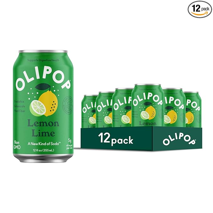 OLIPOP Prebiotic Soda Pop Lemon Lime Pantry Pack Packed with Prebiotics Fiber and Botanicals Gluten Free GMO Free 12oz (12-Cans)
