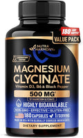Magnesium Glycinate 500 mg - Chelated Supplement - High Absorption Form of Magnesium - Support for Sleep Muscle &amp Heart Health - Made in USA Lab Tested &amp Non-GMO - 180 Capsules