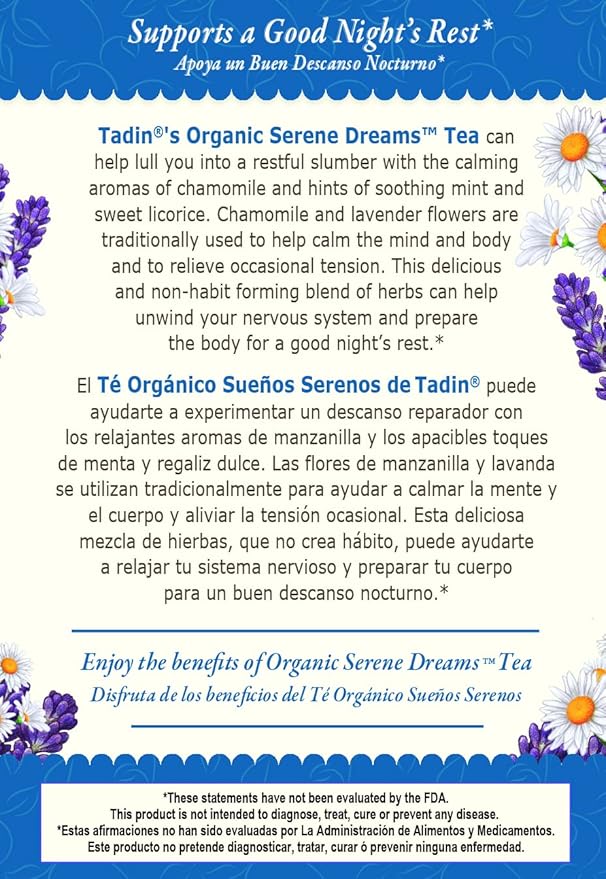 Tadin Organic Serene Dreams Tea Caffeine Free Herbal Tea to Support a Good Night's Rest 20 Tea Bags Per Box Pack of 6