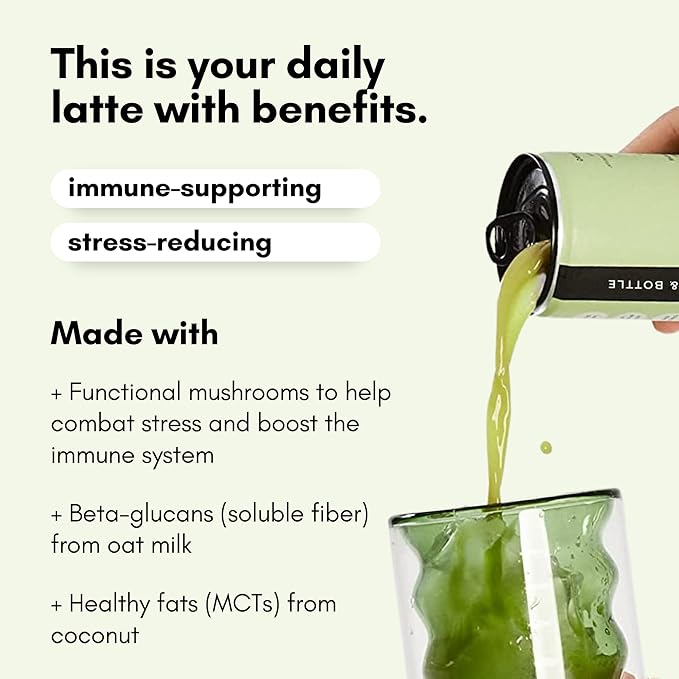 Pop &amp Bottle Oat Milk Lattes - Matcha with Reishi and Maitake Mushrooms Green Tea Latte MCT Oil Organic Dairy Free Gluten Free Lightly Sweetened with Dates - Matcha 8 Fl Oz (12 Pack)