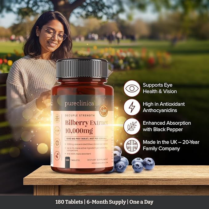 pureclinica Bilberry Extract 10000mg x 1080 Tablets (6 Bottles of 180) - 10 X More anthocyanidins
