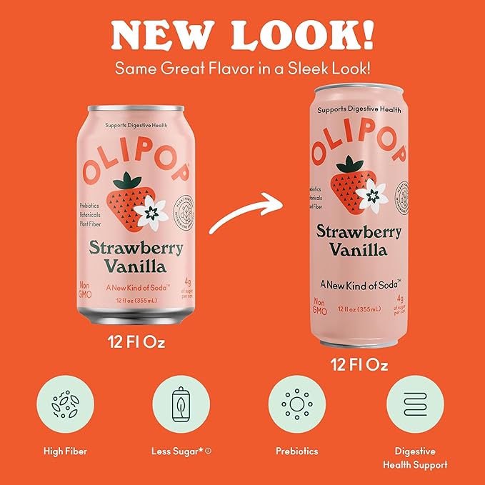 OLIPOP Prebiotic Soda Pop Strawberry Vanilla Pantry Pack Packed with Prebiotics Fiber and Botanicals Gluten Free GMO Free 12oz Skinny (12-Cans)