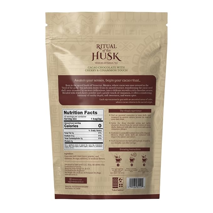 Cacao Husk Tea – Coffee Alternative Chocolate Herbal Tea Roasted Cacao Shell Infusion with Cherry &amp Cinnamon Naturally Caffeine Free 40 Pyramid Tea Bags – Ritual of the Husk