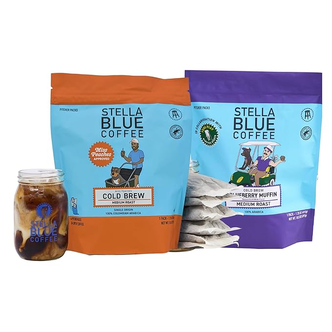 Stella Blue Cold Brew Coffee Bags Variety Pack Blueberry Muffin And Miss Peaches Blend Medium Roast Arabica Coffee Smooth Refreshing Cold Brew 6 Brew Bags Per Box Rainforest Alliance Certified