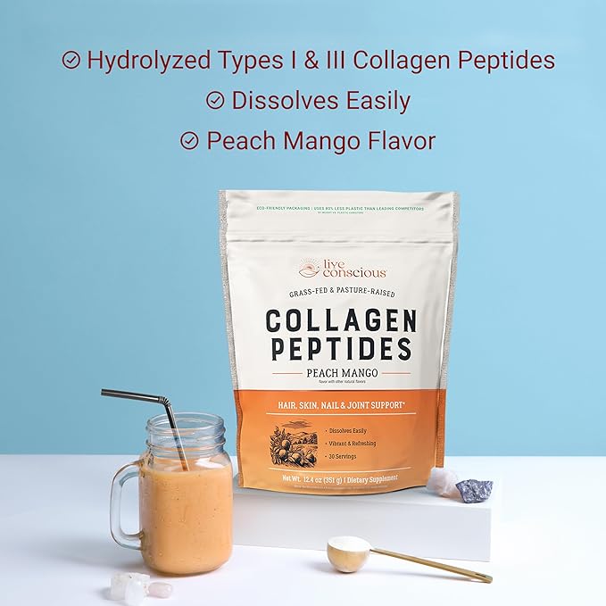 Live Conscious Beyond Greens &amp Collagen Peptides Peach Mango| Mushroom Coffee Alternative Low Caffeine + Hair Skin Nail and Joint Support